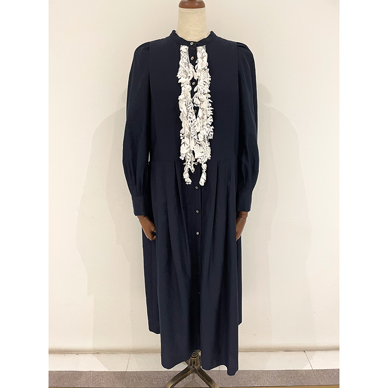 ミナペルホネン forest parade シルク ワンピース 紺 38 レース