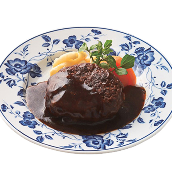 国産牛100％の粗挽き肉を使用したジューシーで食べ応えのあるハンバーグ